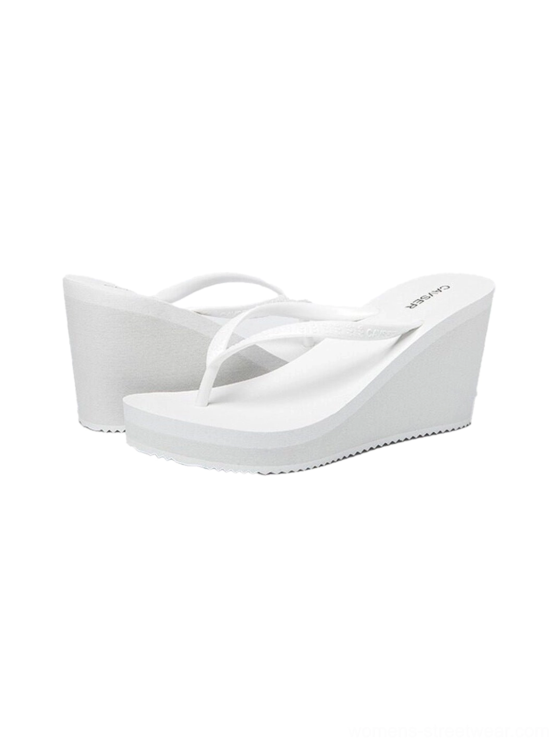 Sculpted platform wedge flip-flops with toe-ring thong straps in a fashion product display