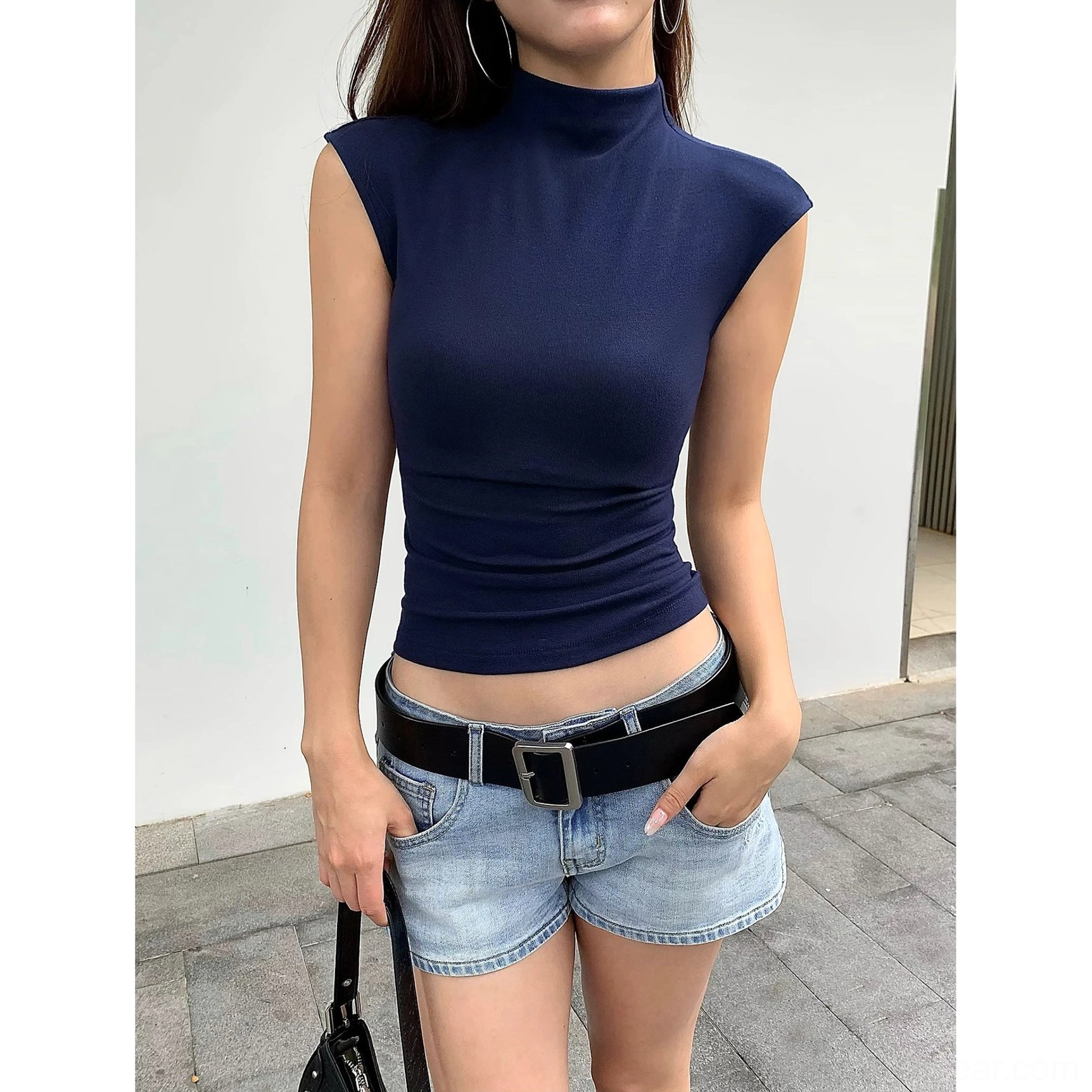 Royal blue sculpted sleeveless mock neck cropped knit top product image for elevated streetwear outfits