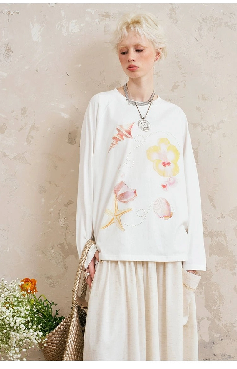 Off-white seashell starfish floral graphic sweatshirt with matching midi skirt - marine-inspired print layered necklace styling