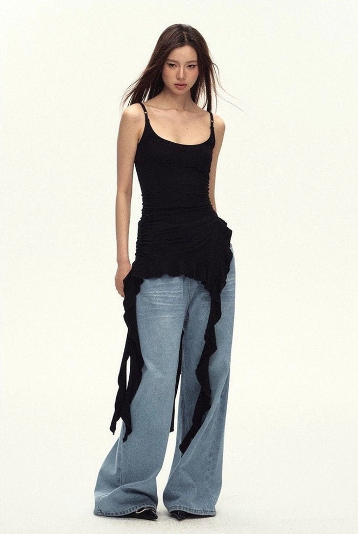 Seoul fashion inspired black ruched cami top with a slim fit, delicate straps, and dramatic asymmetric drape