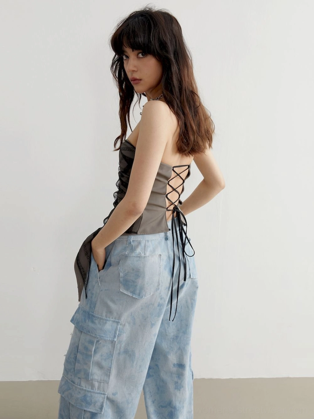 Seoul fashion inspired sheer gray asymmetric tube top with body-skimming fit and layered corset effect