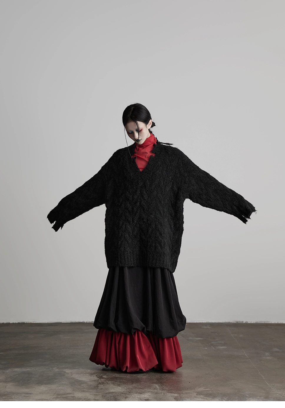 Seoul-inspired black patchwork maxi skirt with wine red ruffle hem and gothic streetwear aesthetic