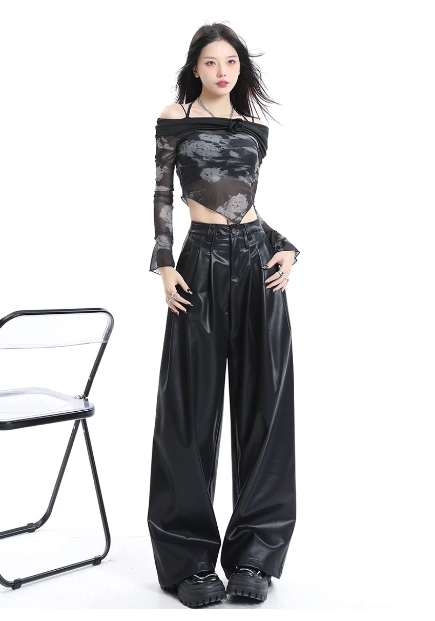 Seoul-inspired coffee brown high-waisted streetwear pants in smooth PU leather with regular and extended length styling