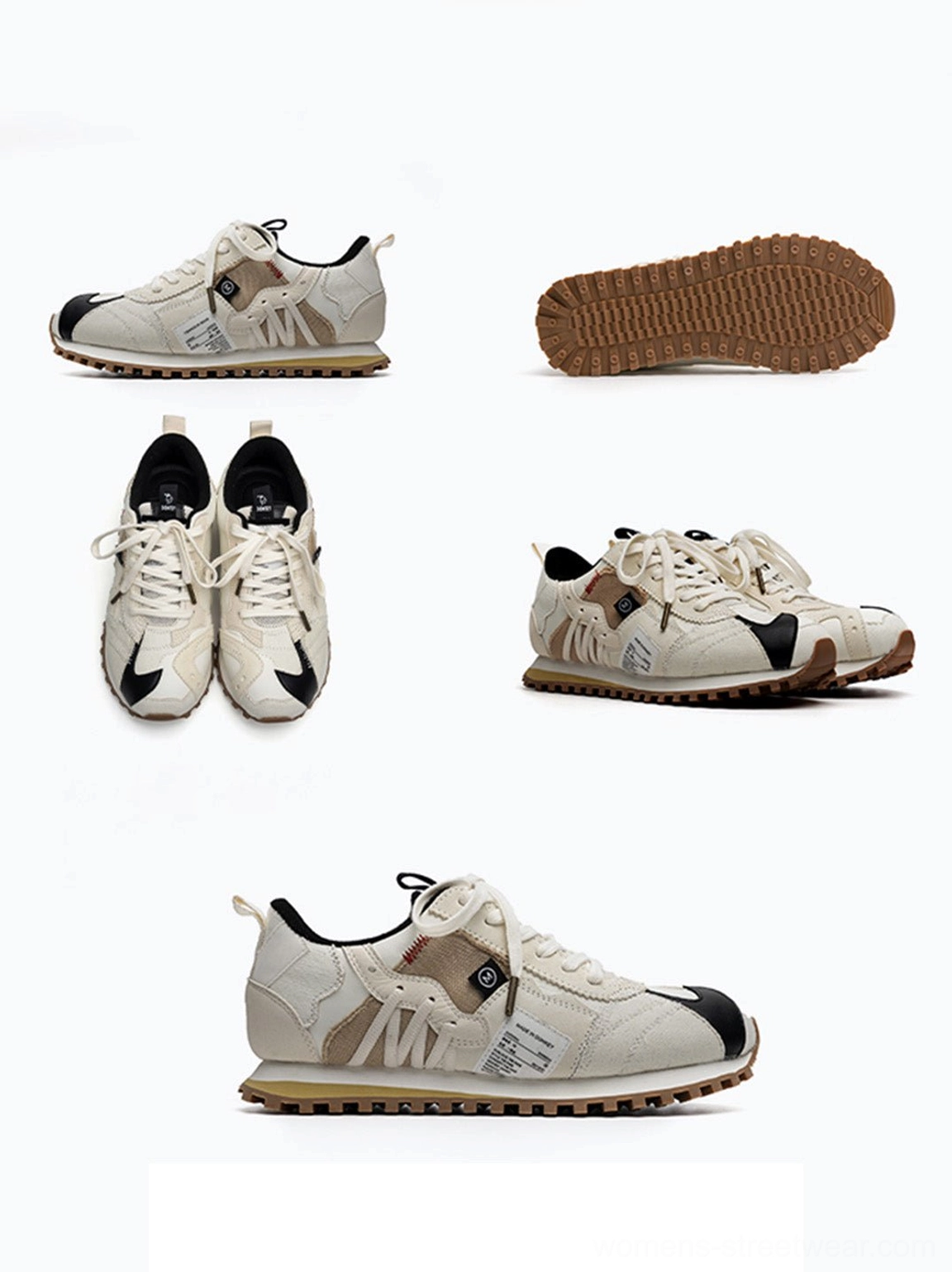 Seoul-inspired ivory retro runner shoes with black toe accents, cream layered construction, and versatile unisex silhouette