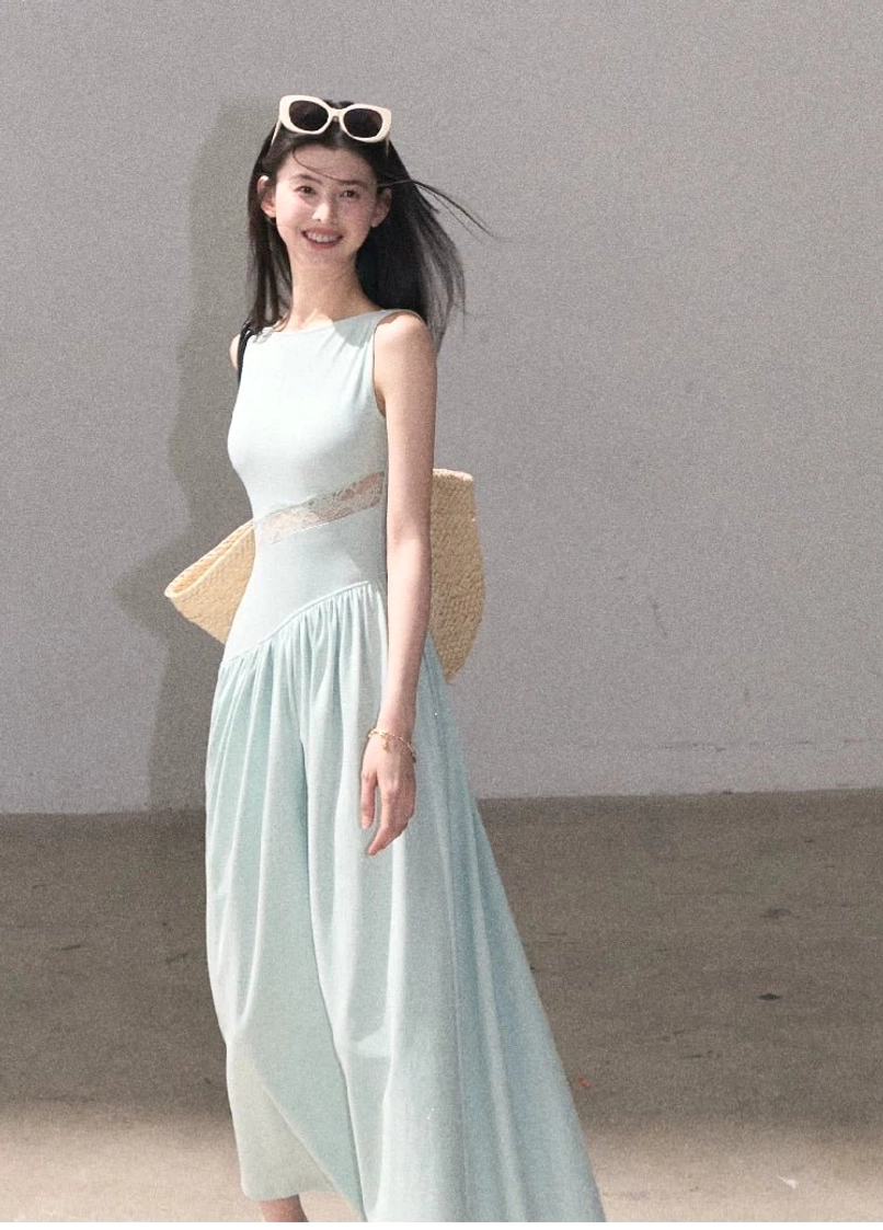 Seoul streetwear inspired asymmetrical lace waist dress with clean boat neckline and statement skirt