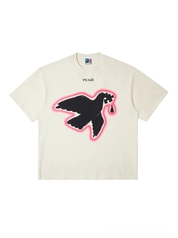Serene Dove oversized suede foam print T-shirt in off white shown in flat lay front view with black peace dove graphic and pink outline