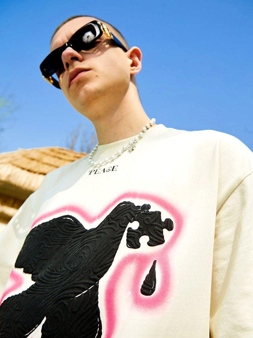 Serene Dove oversized suede foam print T-shirt in off white peace dove streetwear graphic detail