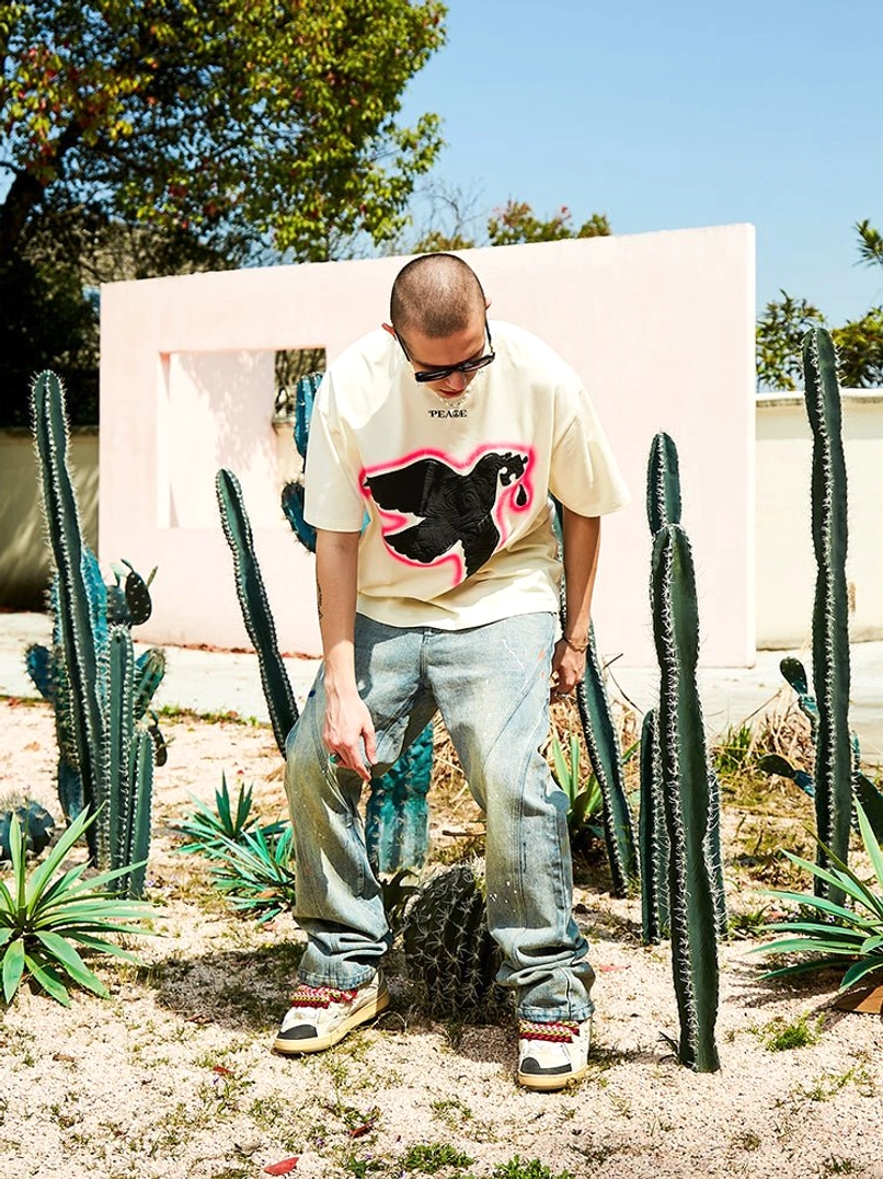 Serene Dove off white oversized T-shirt with raised suede effect foam peace dove print