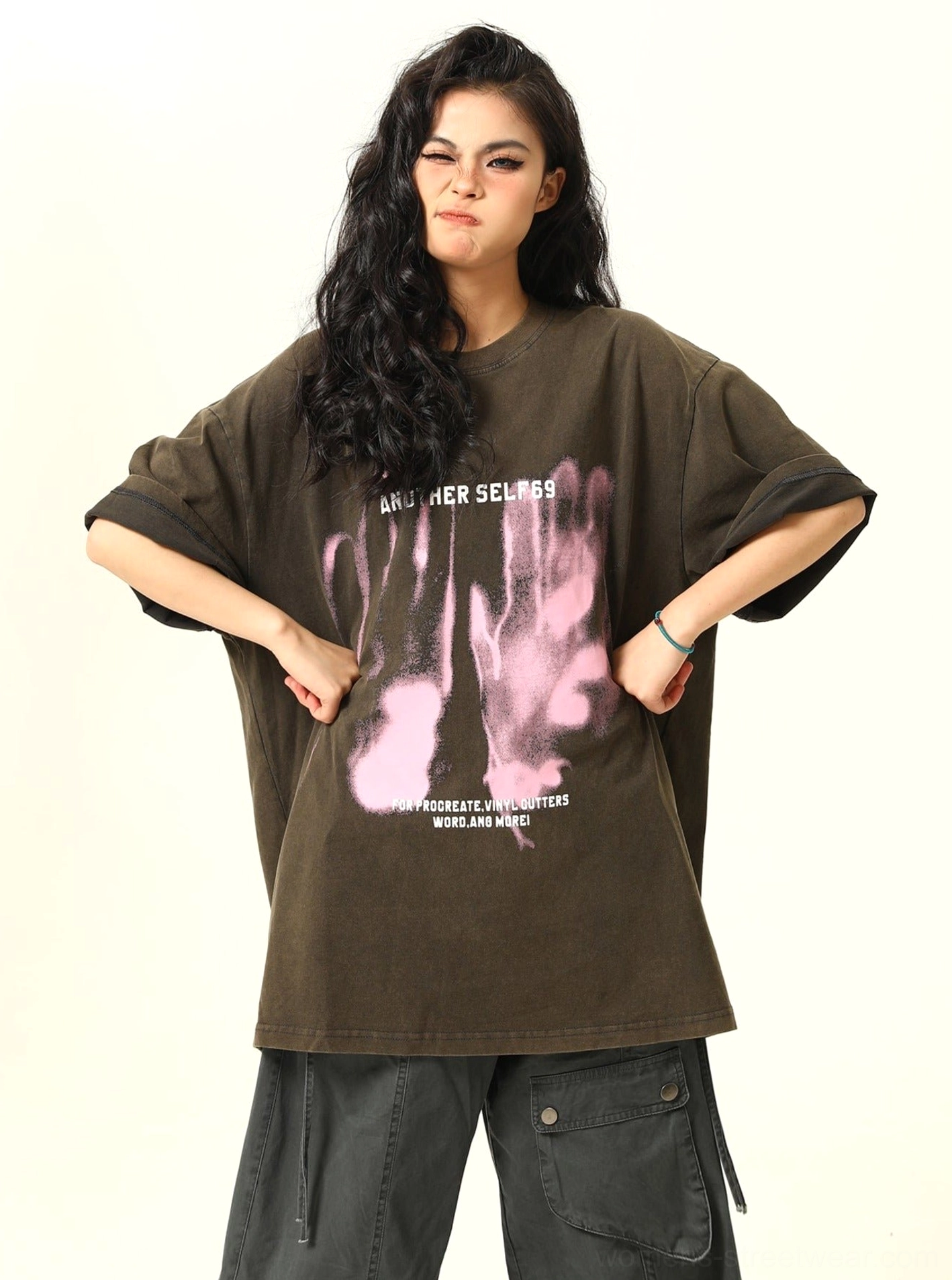 Oversized shadow print selfie graphic tee featuring a bold hand motif and statement lettering for Y2K and Seoul-inspired streetwear outfits
