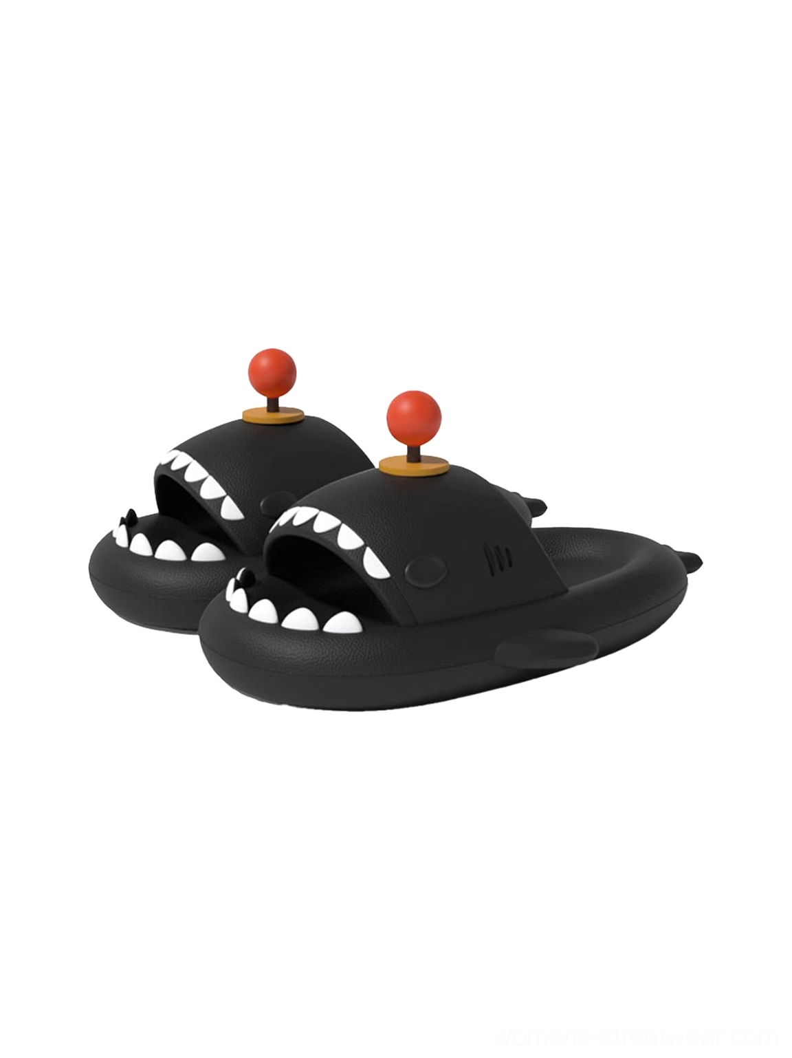 Black shark platform slides with red taxi light 3D charms, open-mouth toe design, and chunky EVA soles