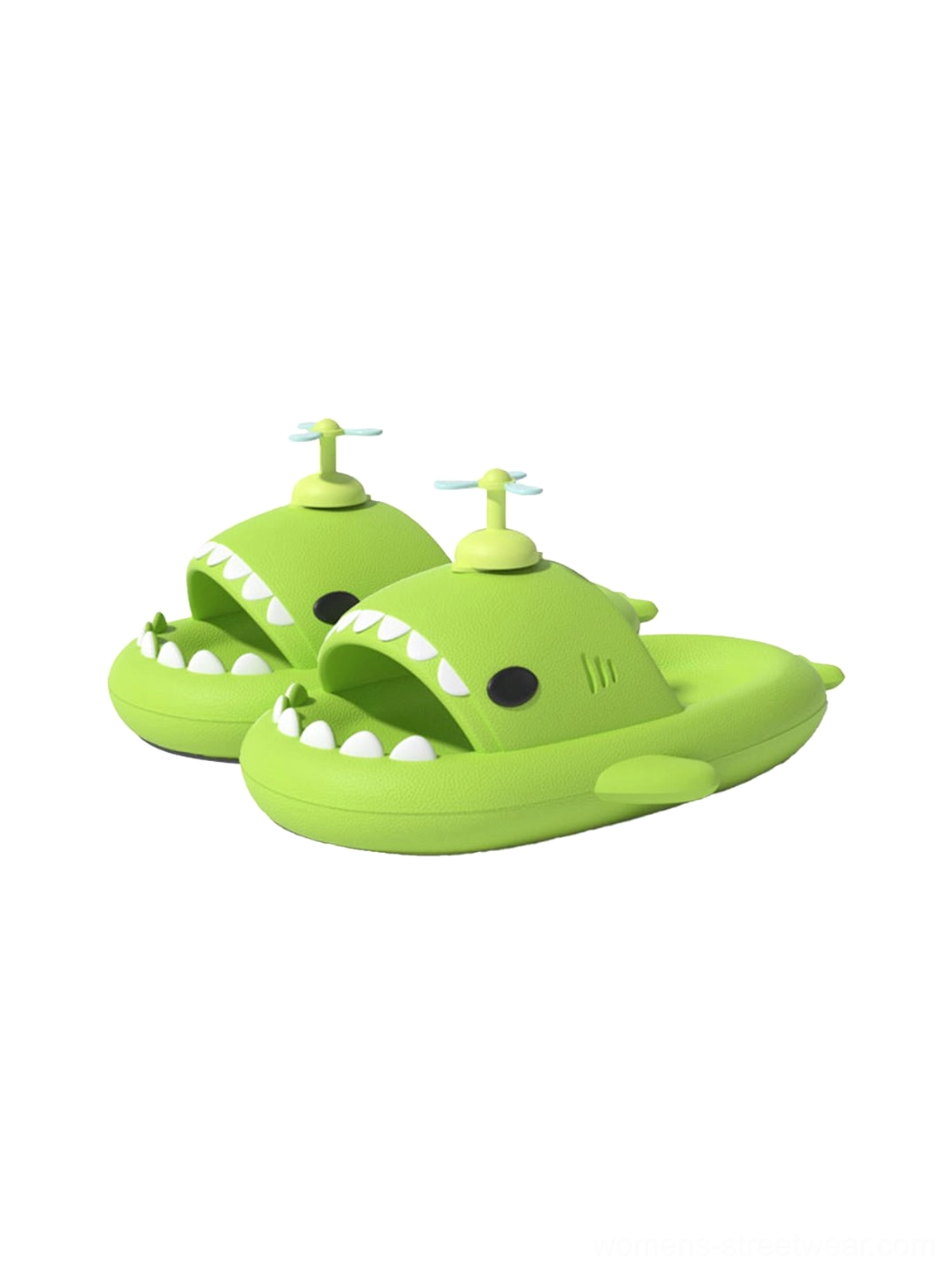 Lime green shark platform slides with small propeller 3D charms, open-mouth shark toe, and EVA platform sole