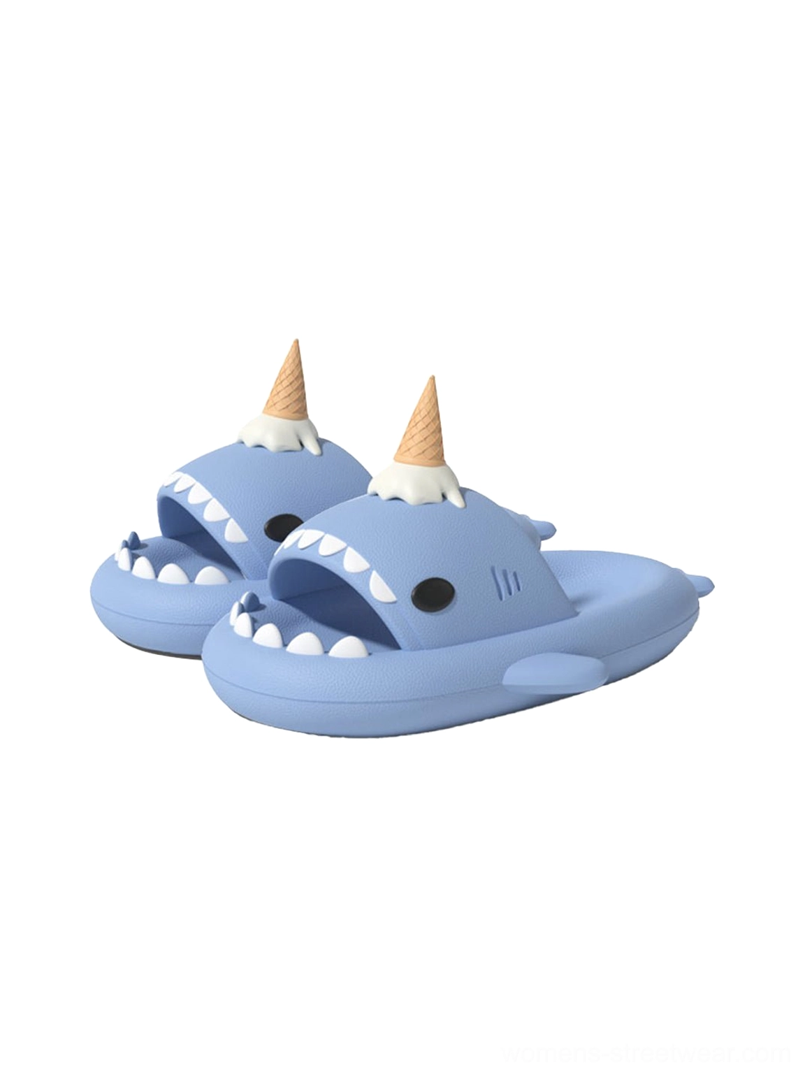 Pair of light blue shark platform slides with matching 3D ice cream cone charms on a white background