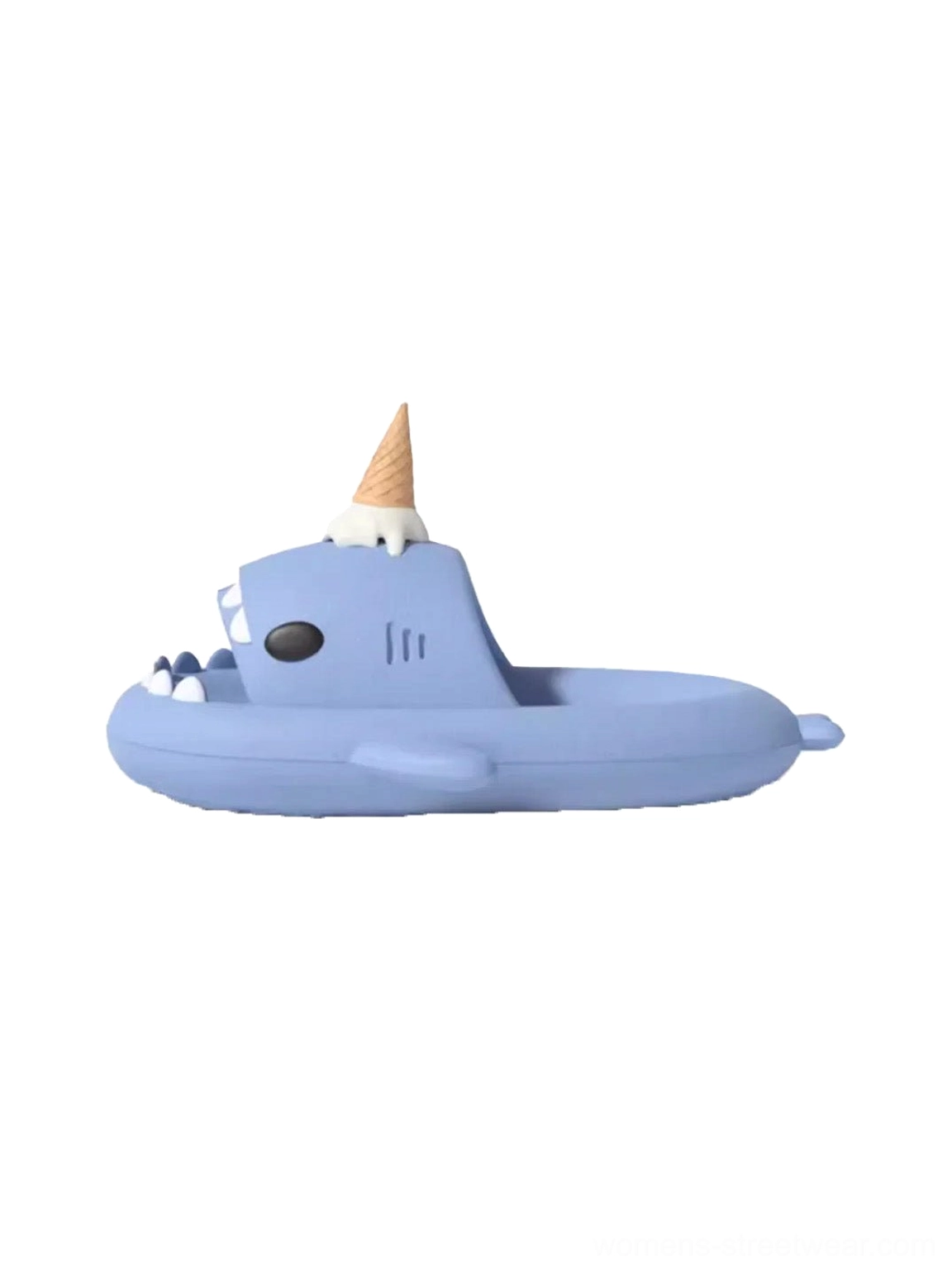 Light blue shark platform slide slipper with 3D ice cream cone charm, open-mouth toe, and molded EVA sole side view