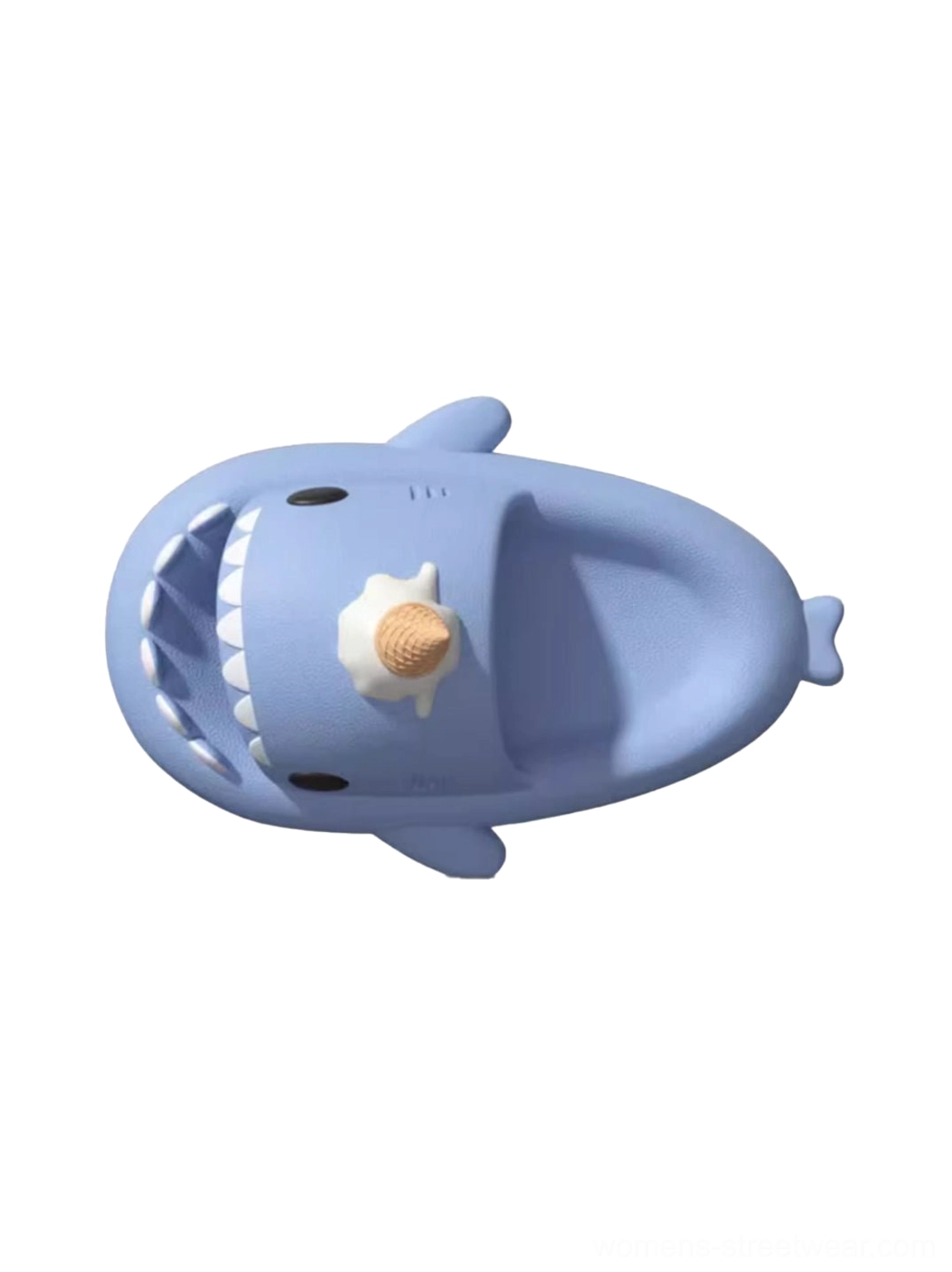 Top view of light blue shark platform slide showing open shark mouth, ice cream charm, dorsal fin, and tail heel