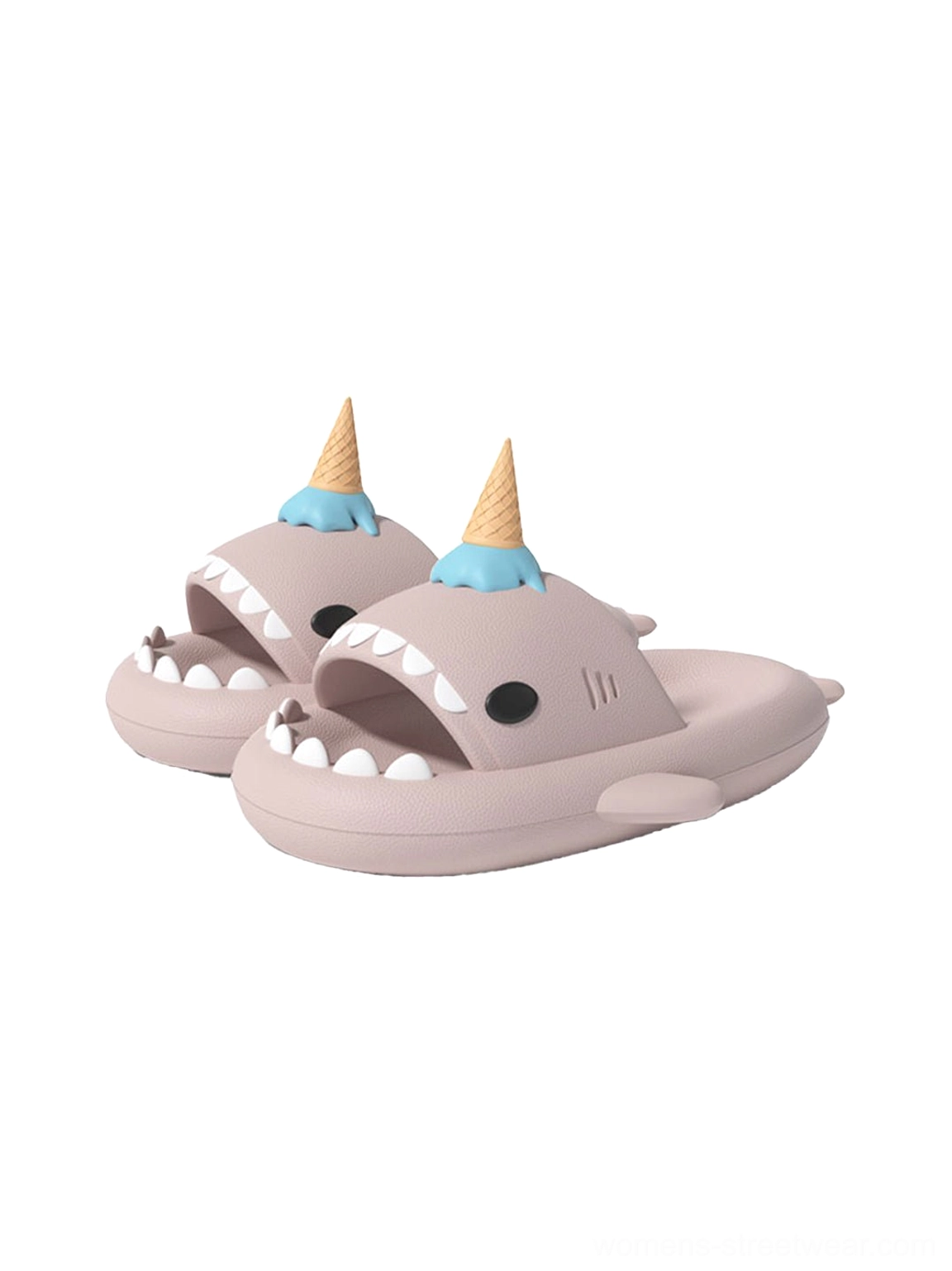Pink shark platform slides with playful 3D charm detailing, open-mouth toe, and thick cushioned EVA sole