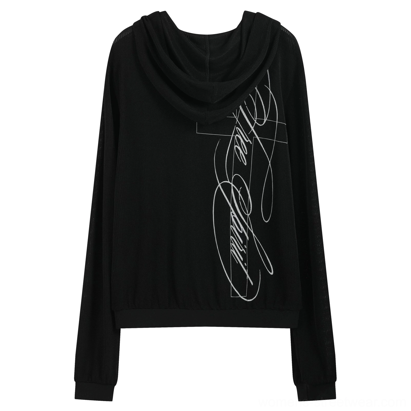 Black sheer textured waffle knit cross script zip-up hoodie flat lay showing hood ribbed hem and white graphic