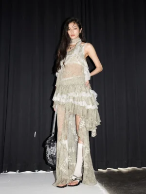 Sage green sheer floral halter ruffle asymmetrical maxi dress set front view with high side slit