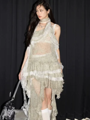 Sage green floral sheer halter top from asymmetrical ruffle maxi dress set three quarter studio view
