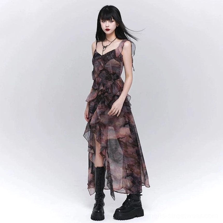 Full view of a sheer floral slip maxi dress with layered ruffles, high side slit, flowing skirt, and dark vintage floral streetwear aesthetic