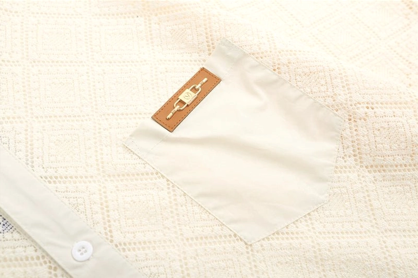 Sheer geometric lace oversized short sleeve button-up shirt contemporary summer streetwear detail view