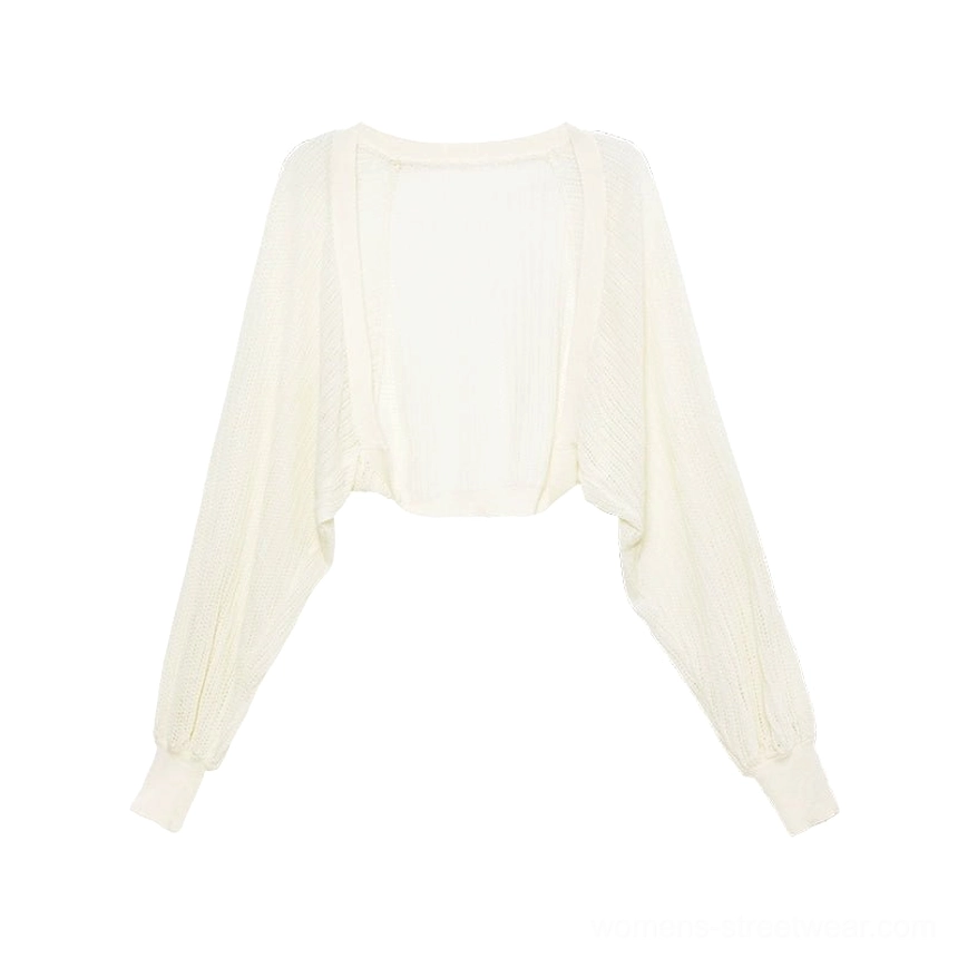 Beige apricot sheer knit batwing shrug cardigan cropped open-front layering piece