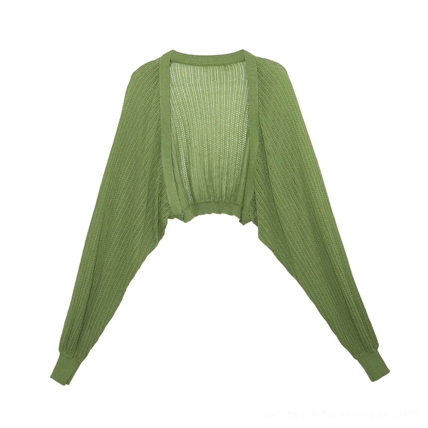 Green sheer knit batwing shrug cardigan with relaxed cropped bolero silhouette