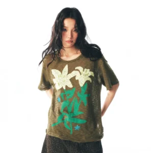 Dark green sheer lily distressed layering tee worn by female model in front studio view