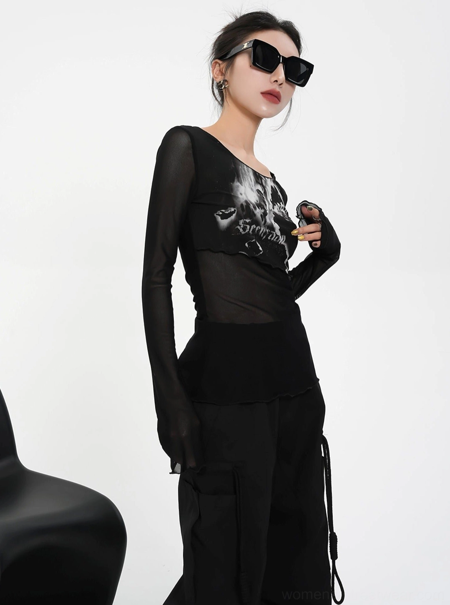 Sheer mesh floral graphic long sleeve crop top with fitted silhouette for modern Korean streetwear styling