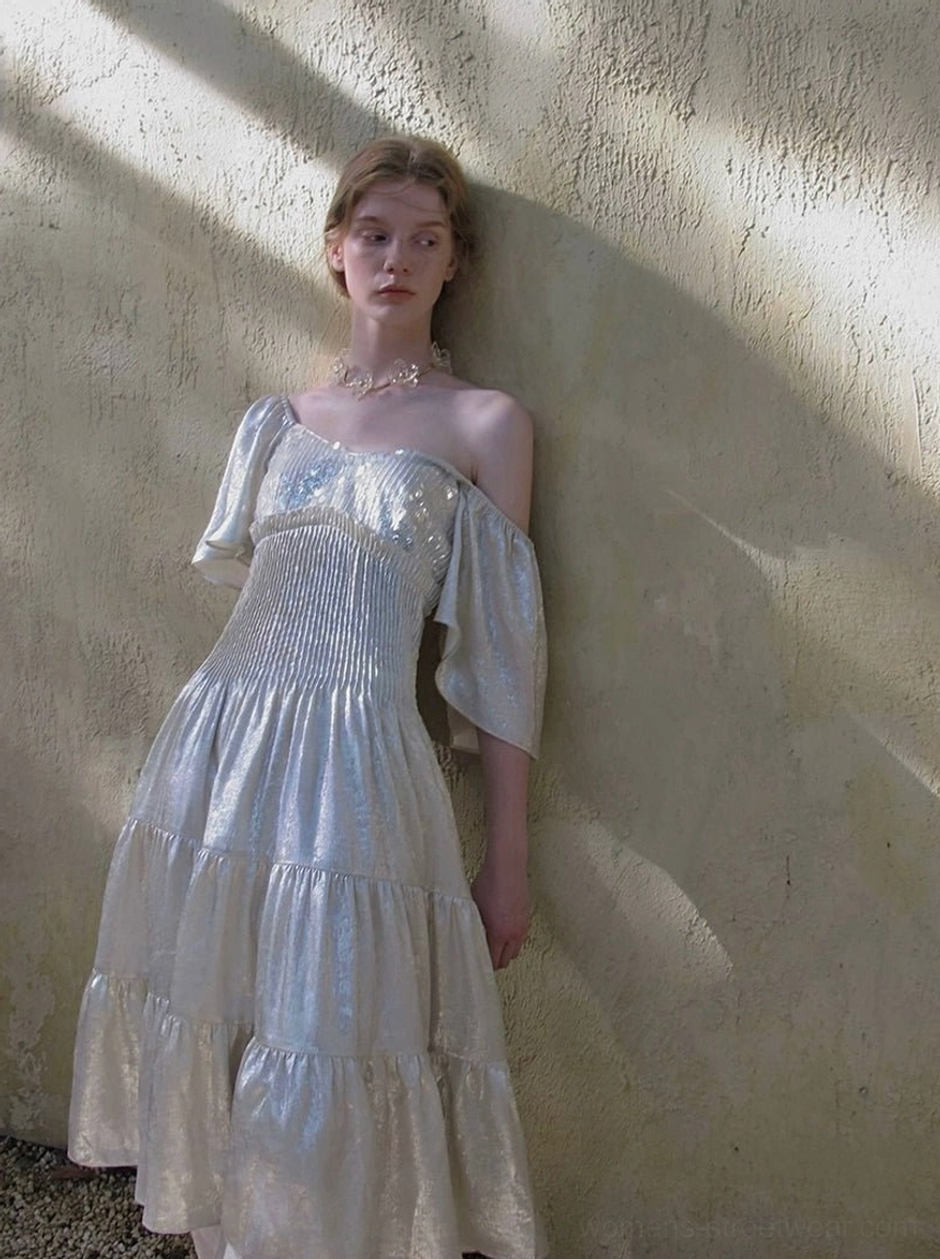 Lotus leaf sleeve mid length shimmer tiered dress with romantic ruffles and layered skirt