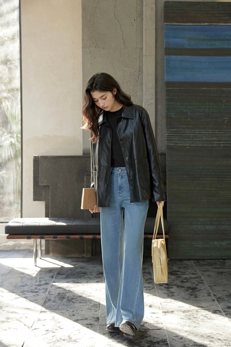 Short leather-look jacket for women suitable for jeans, skirts, dresses, and layered streetwear outfits