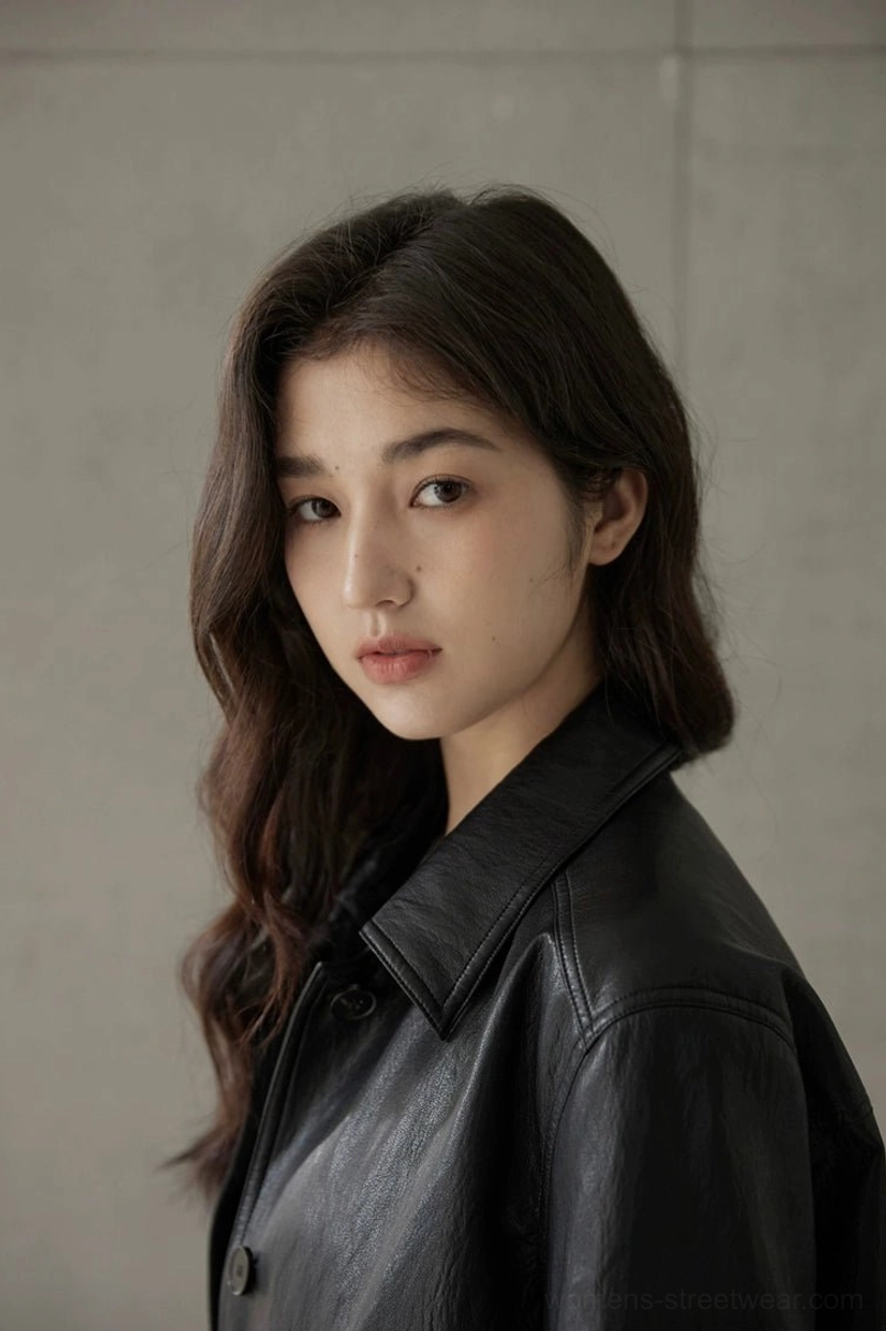 Short women’s leather jacket with soft matte texture and versatile vintage streetwear design