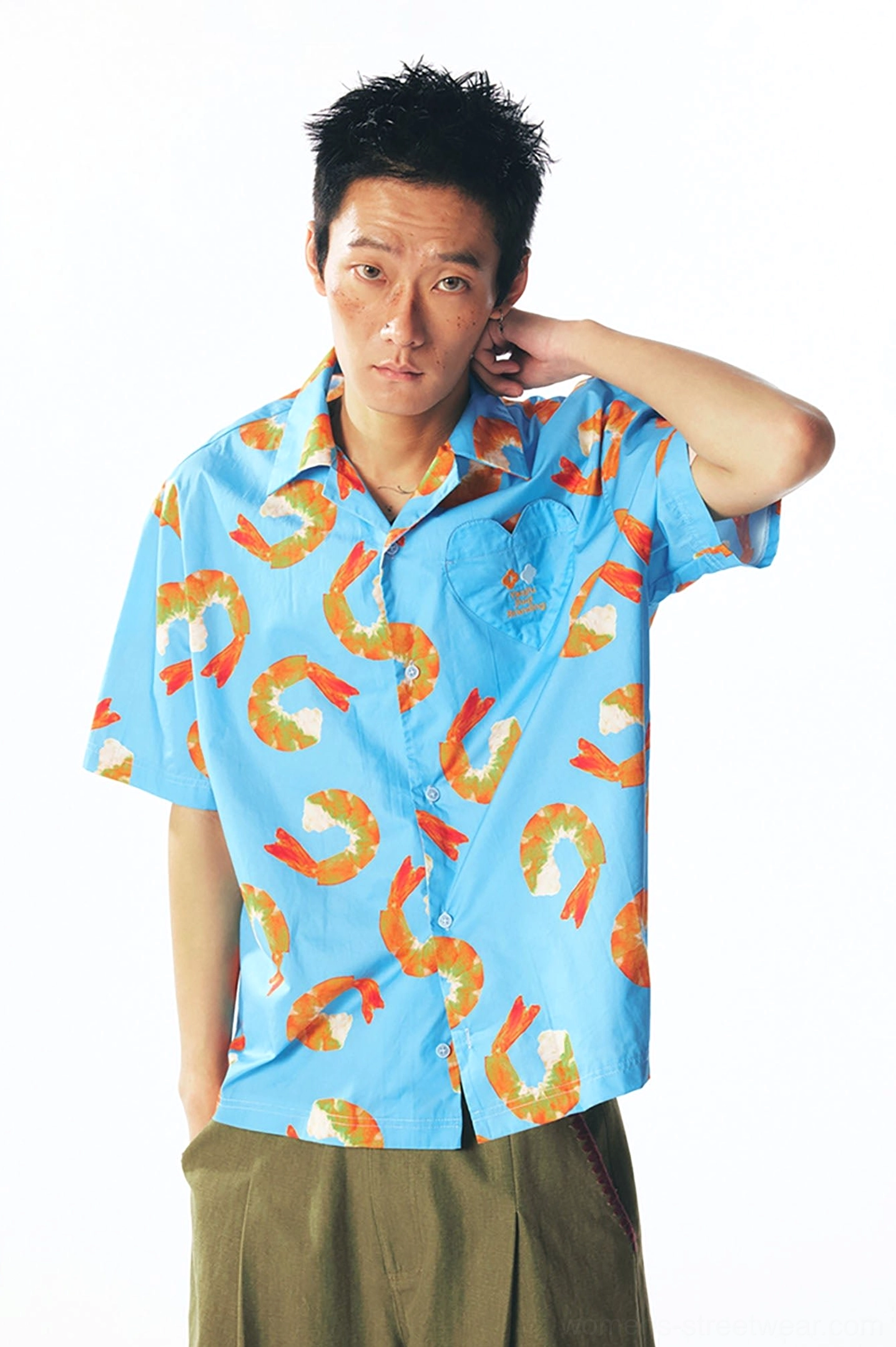 Casual front view of shrimp print button-up shirt with left chest pocket and relaxed loose streetwear silhouette