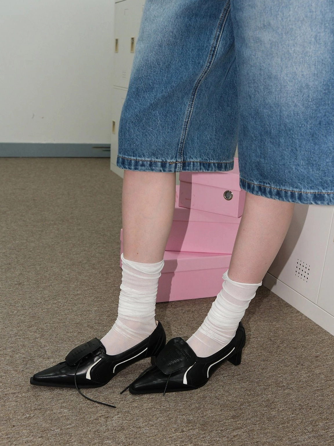 Silver and black pointed-toe leather-look low block heel pumps with removable lace detail