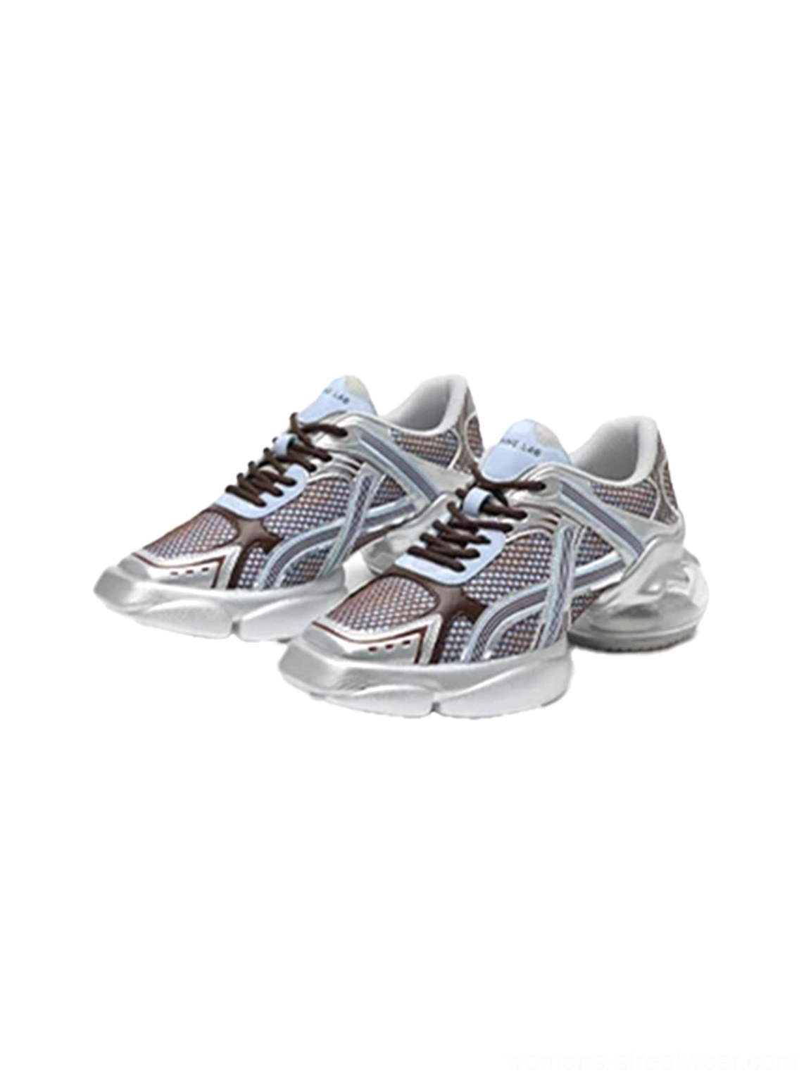 Pair of silver-blue metallic mesh chunky runner sneakers in a front display view with dark laces, layered upper, and clear sculpted outsole