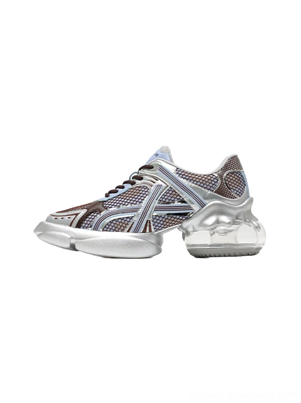 Silver-blue metallic mesh chunky runner sneakers shown in a side profile on a white studio background with sculpted silver sole and contrast stitching