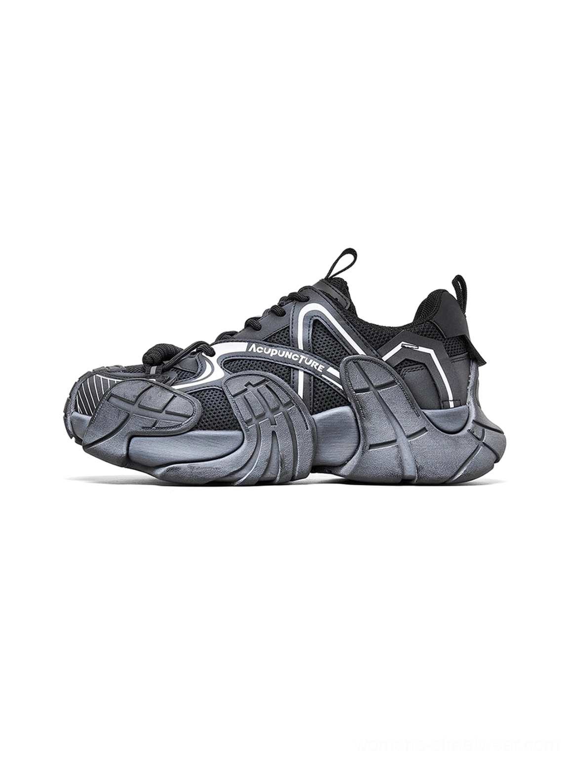 Black silver cage panel chunky platform sneakers side three quarter studio view with segmented sole