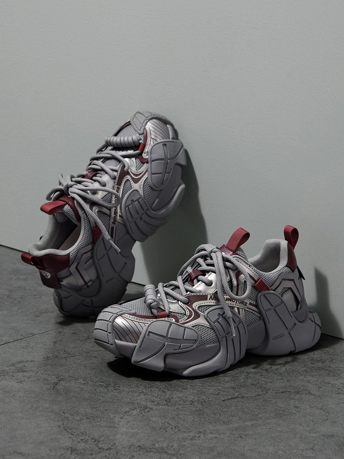 Silver cage panel chunky platform sneakers dark grey mesh and silver overlay detail