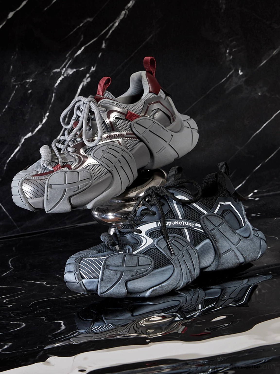 Silver cage panel chunky platform sneakers elevated Y2K dad sneaker silhouette view