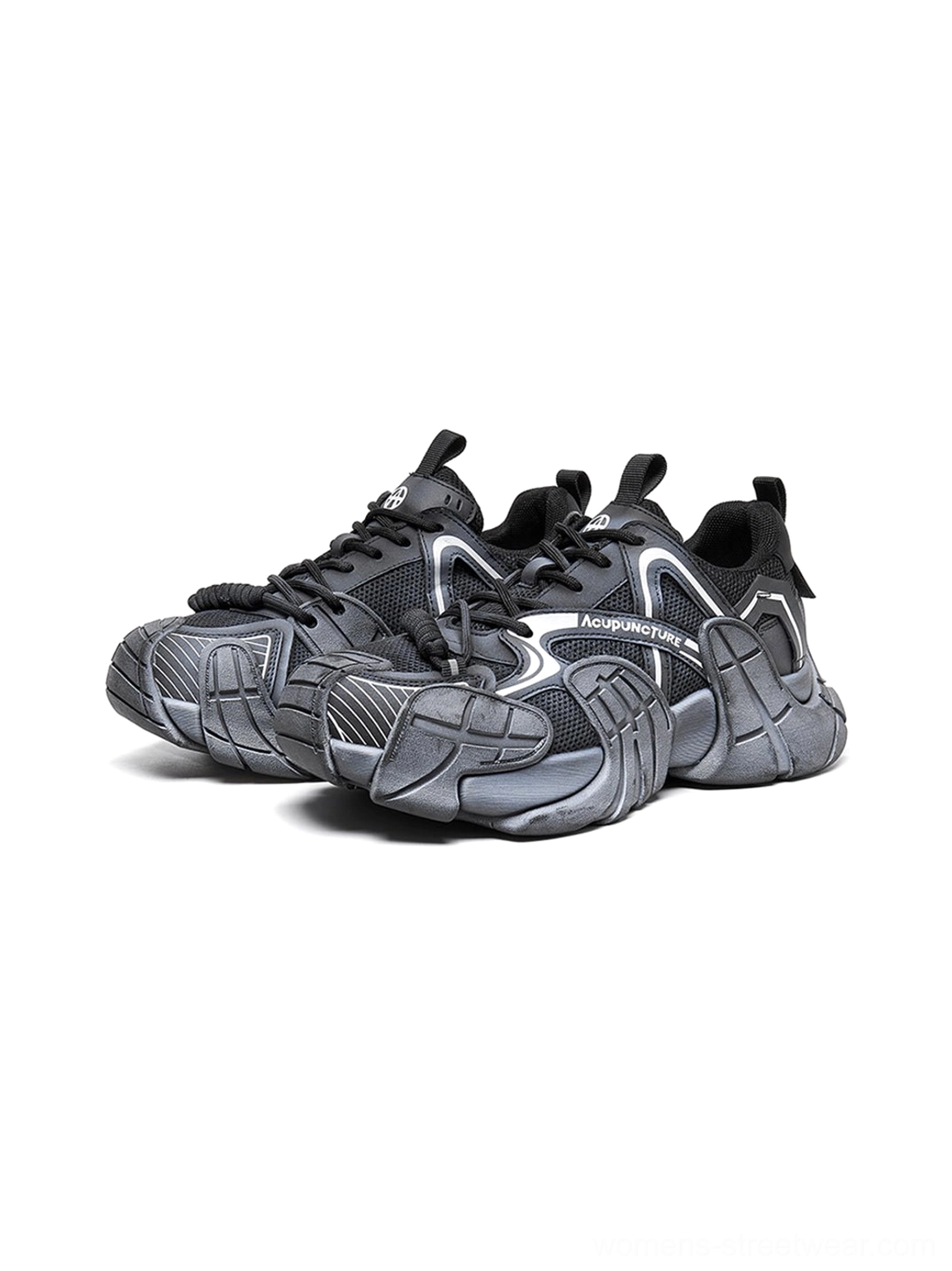 Front three quarter view of silver cage panel chunky platform sneaker pair on white background