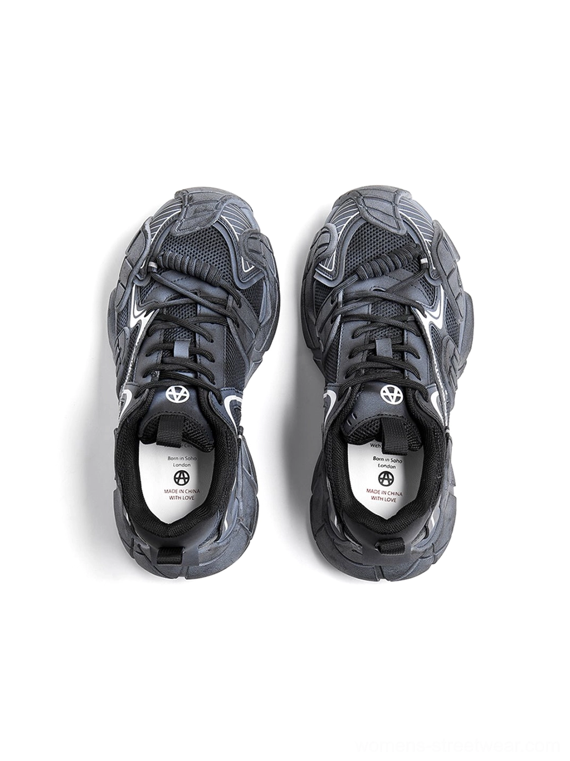 Silver cage panel chunky platform sneakers futuristic Y2K streetwear product detail view