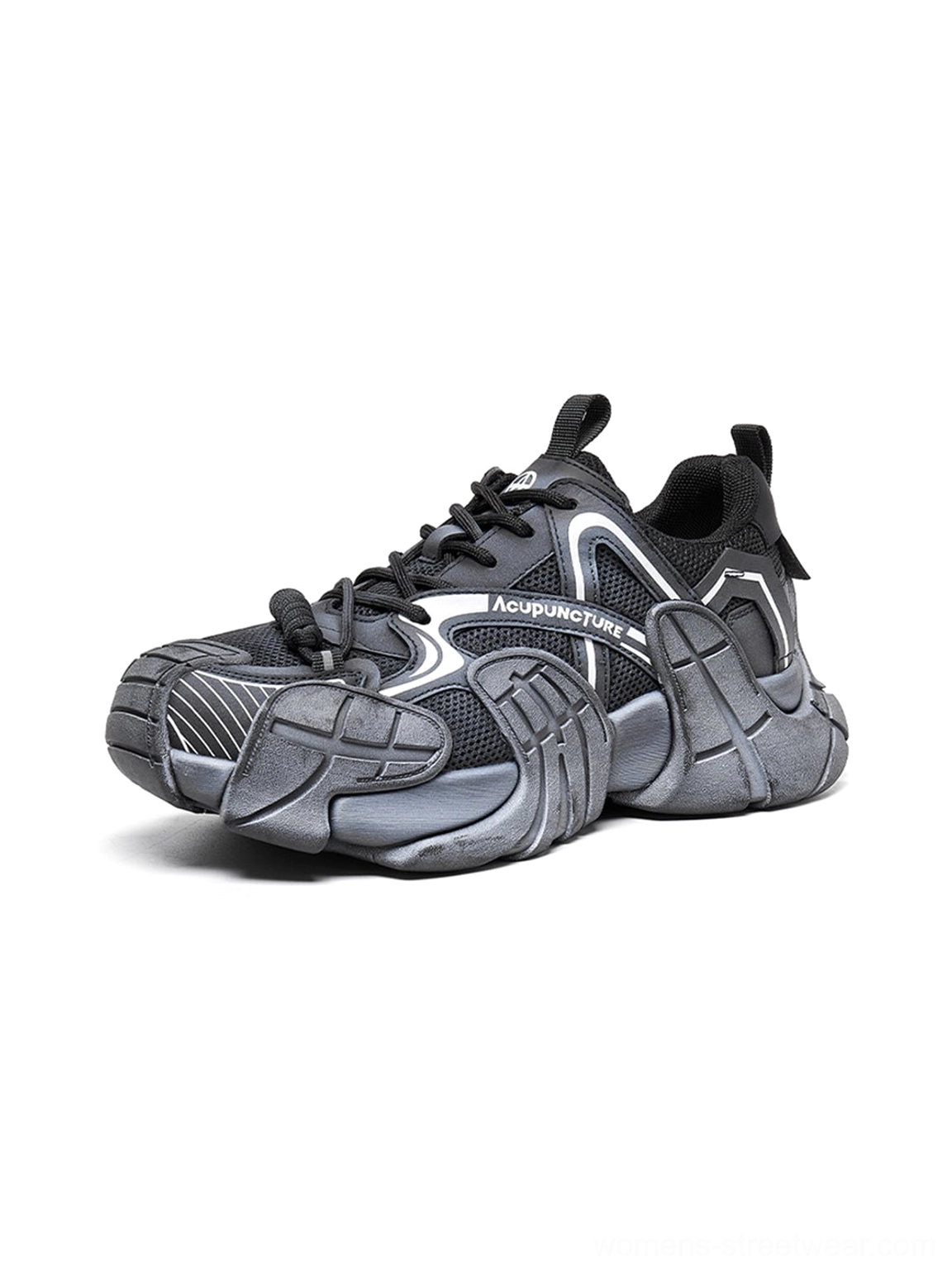 Silver cage panel chunky platform sneakers layered technical upper close up view