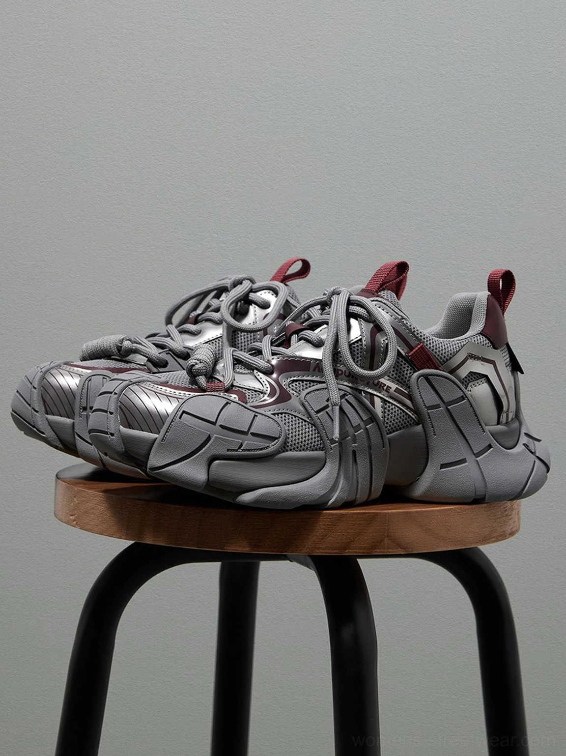 Silver cage panel chunky platform sneakers modern Seoul streetwear sneaker styling view