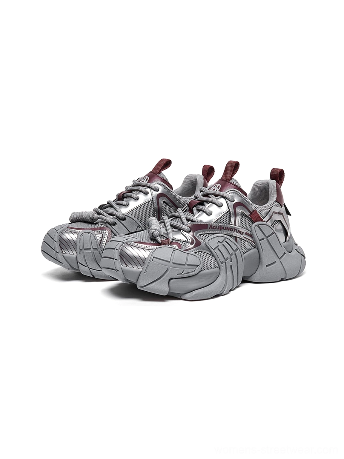 Silver cage panel chunky platform sneakers technical runner inspired streetwear detail