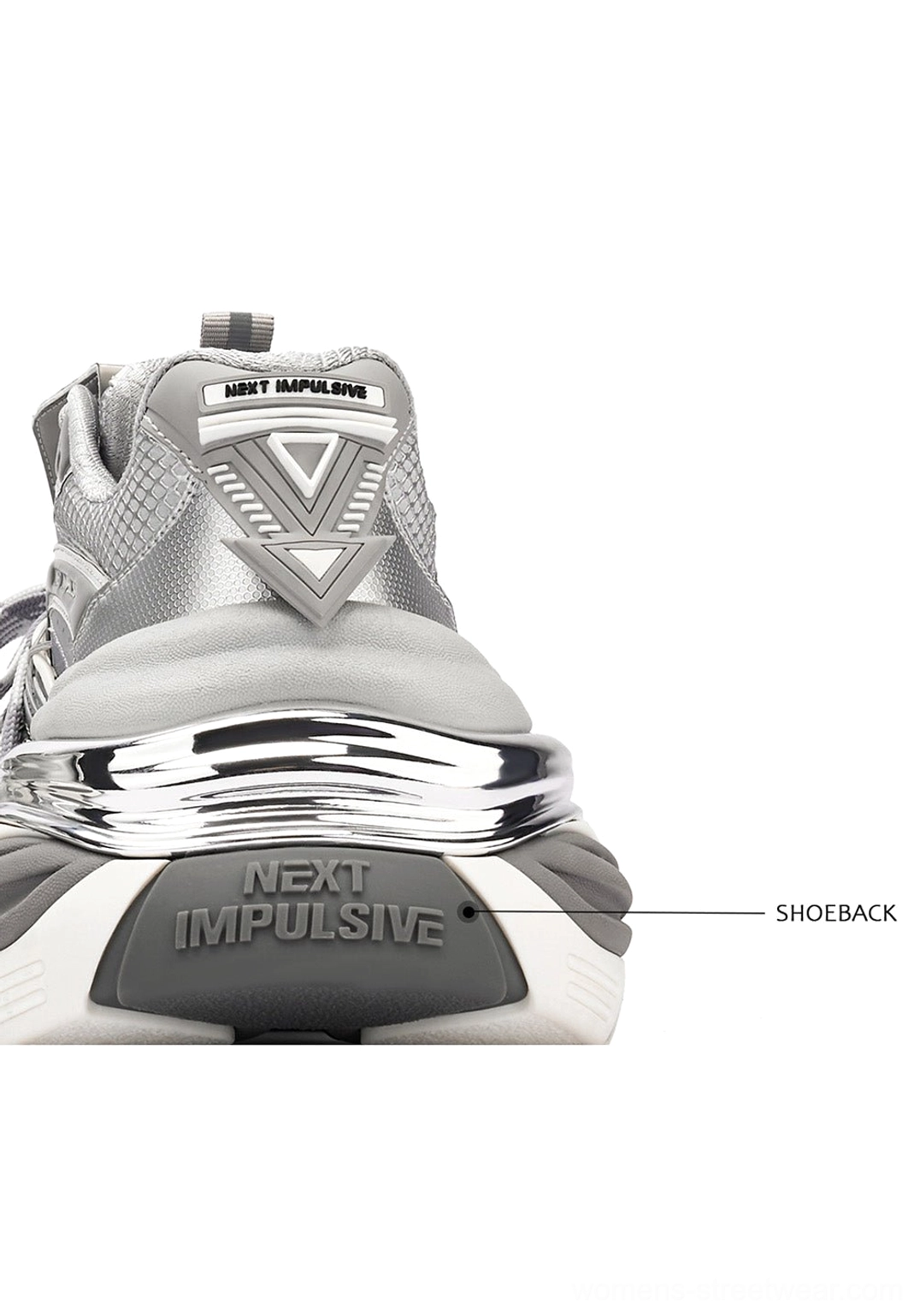 Silver chunky platform sneakers product image highlighting the futuristic unisex streetwear silhouette and metallic layered design