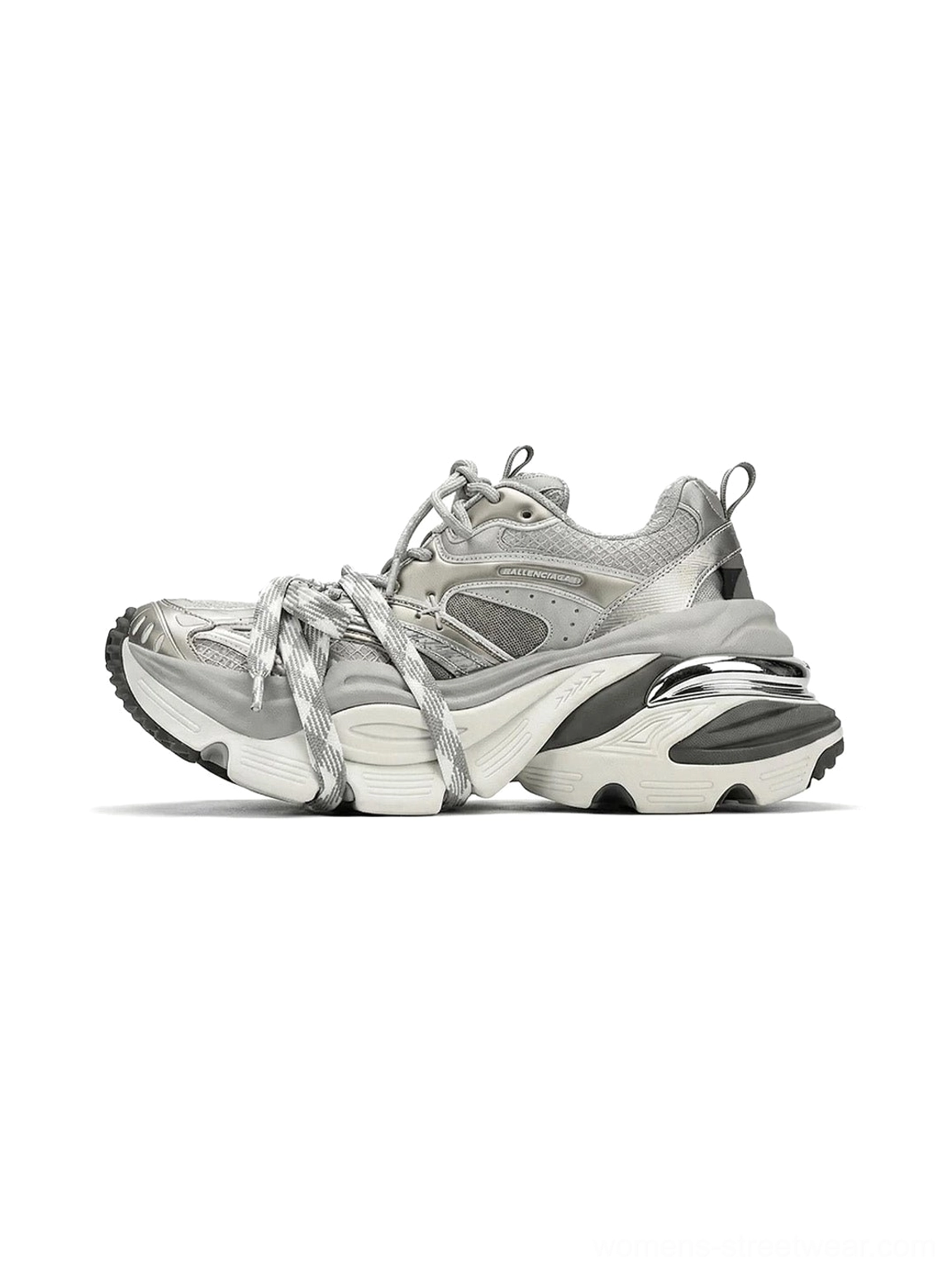 Silver chunky platform sneakers shown from a three quarter side angle with layered mesh upper dual shoelaces and reflective heel trim