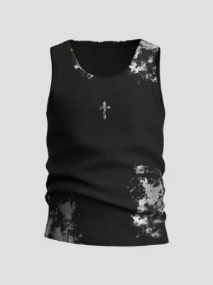 Front view of a black fitted cotton tank top with silver cross motif, distressed splash graphics, scoop neckline, and sleeveless streetwear silhouette