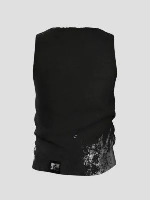 Back view of a black ribbed cotton streetwear tank top with silver distressed splash print along the lower hem