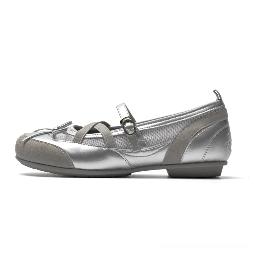 Single silver cross strap Mary Jane ballet flat with adjustable buckle bow detail and low flexible rubber sole on white background