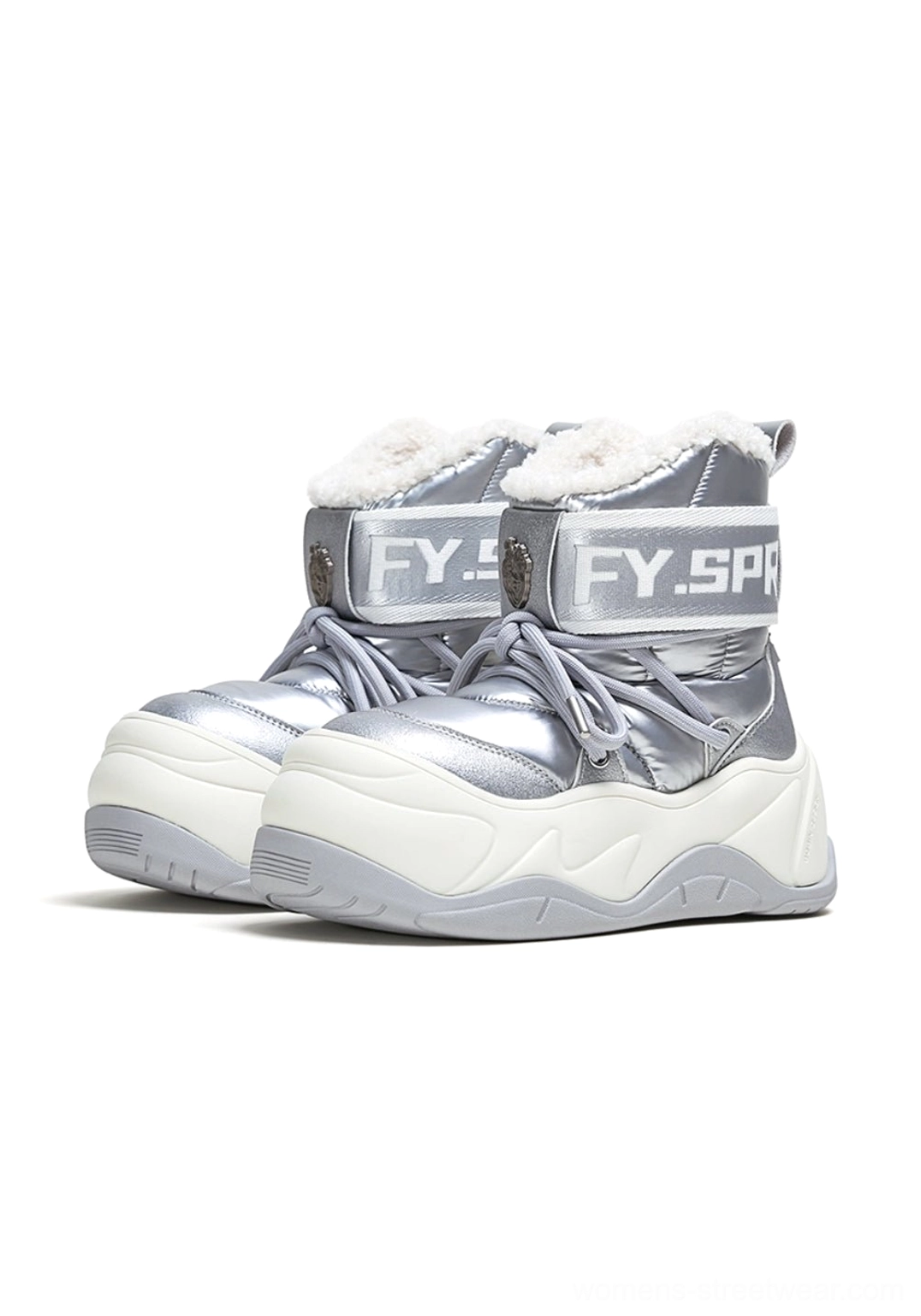 Silver faux fur chunky moon boots featuring lace-up closure, adjustable ankle strap and padded winter silhouette