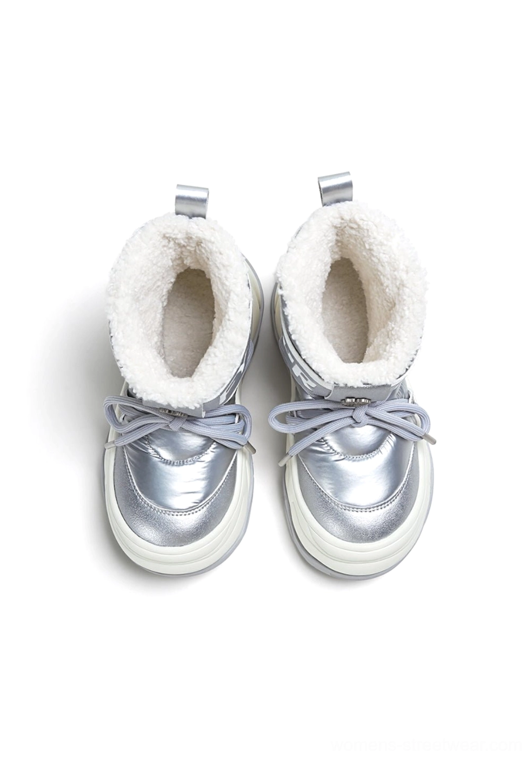 Pair of silver faux fur platform moon boots for Seoul streetwear and cold-weather outfits